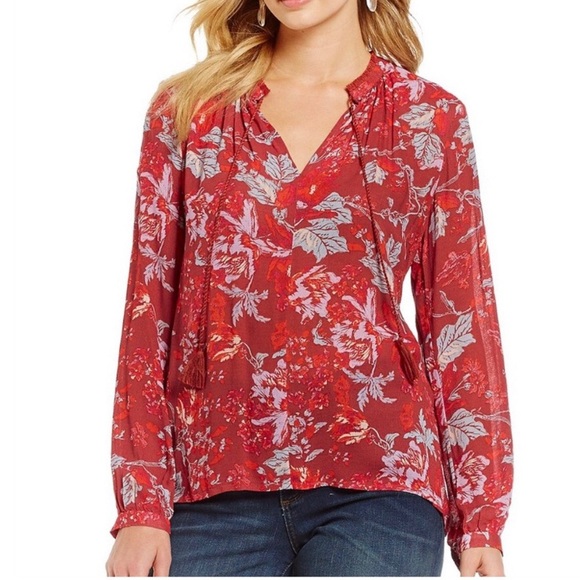 Lucky Brand Boho Red Floral Peasant Top - Picture 2 of 8